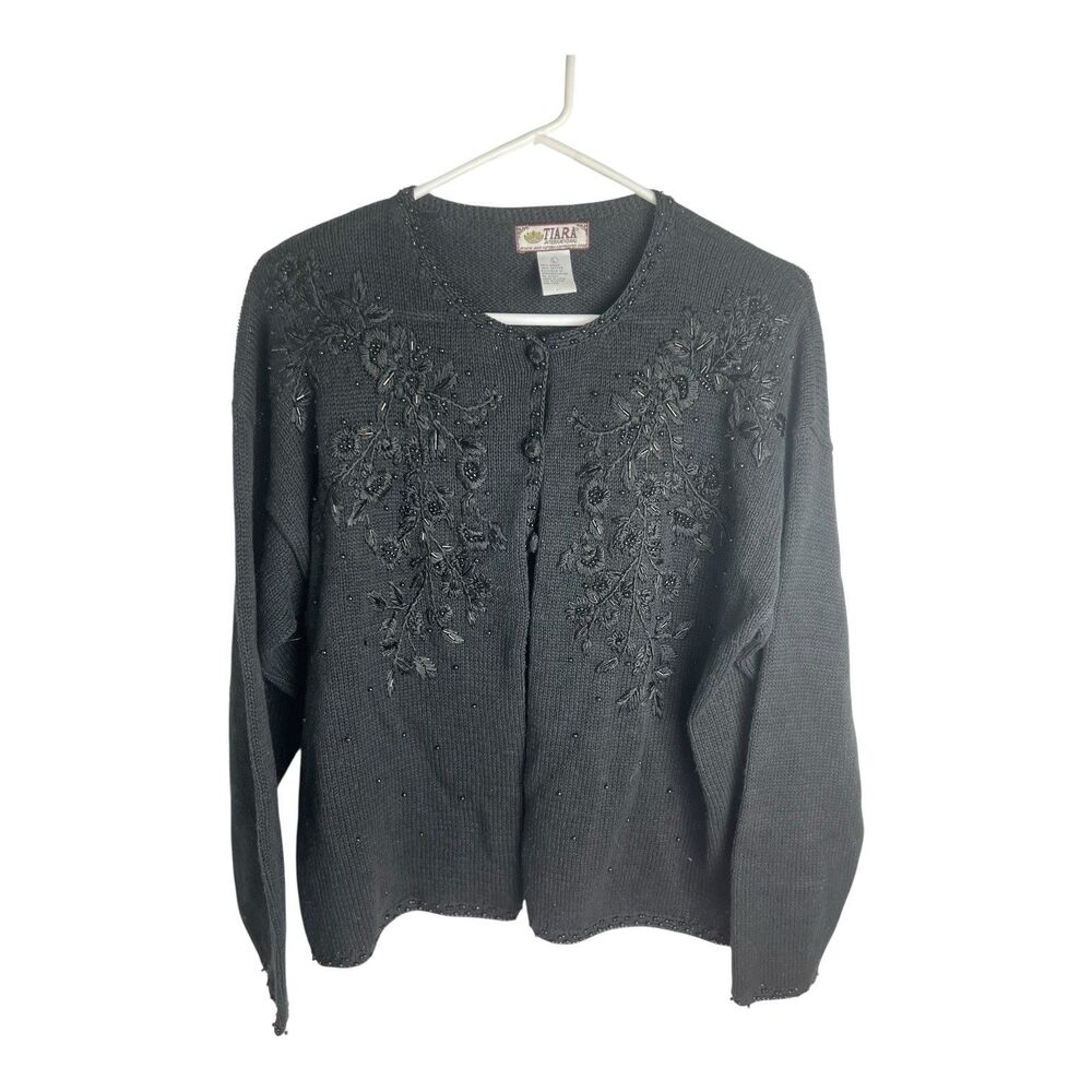 Vtg Tiara International Women’s Black Embroidered Ramie Cotton Knit Cardigan L